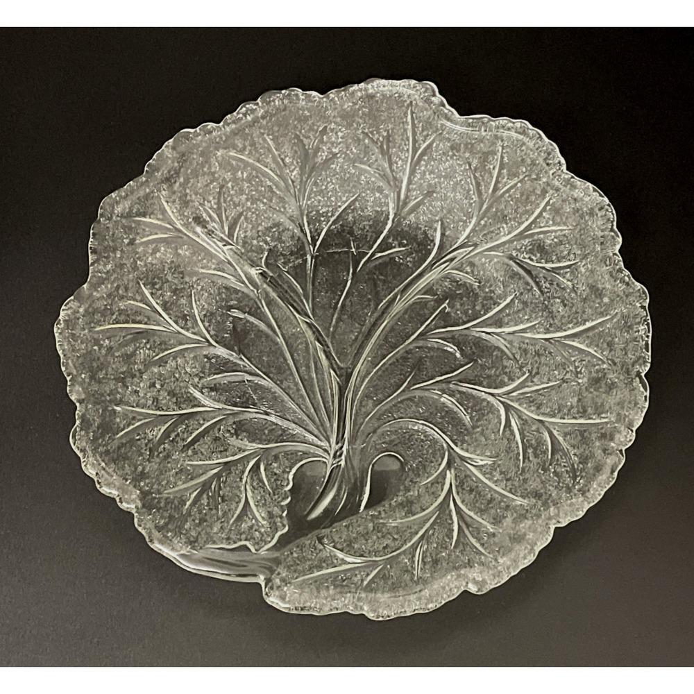 Vtg Clear Glass Leaf Frosted Divided Relish Dish Plate 10" D